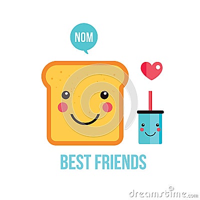 Cute toast bread Funny Cartoon character and drink Perfect breakfast Vector Illustration