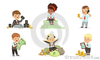 Cute toddlers in suits of businessmen with money and barrels of oil. Set of vector illustrations. Vector Illustration