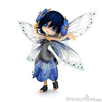 Cute toon fairy wearing blue flower dress with flowers in her hair posing on a white background Stock Photo