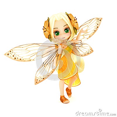 Cute toon fairy wearing orange flower dress with flowers in her hair posing on a white background. Stock Photo