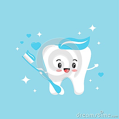 Cute tooth boy in love with blue toothbrush with paste hearts and sparkles. Vector Illustration