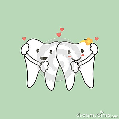 Cute tooth couples in love and hug each other with heart Vector Illustration