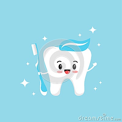 Cute tooth emoji with blue toothbrush paste on head and sparkles. Vector Illustration