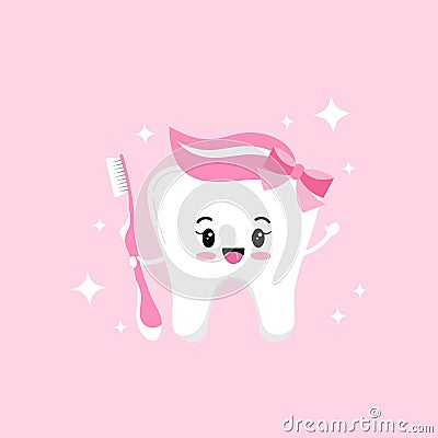 Cute tooth emoji girl with pink toothbrush paste and bow on head and sparkles. Vector Illustration