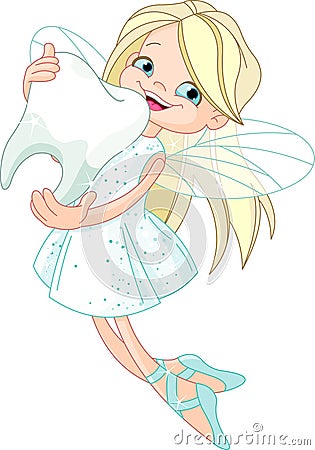 Cute Tooth Fairy flying with Tooth Vector Illustration