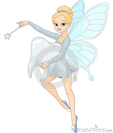 Cute Tooth Fairy flying with Tooth Vector Illustration