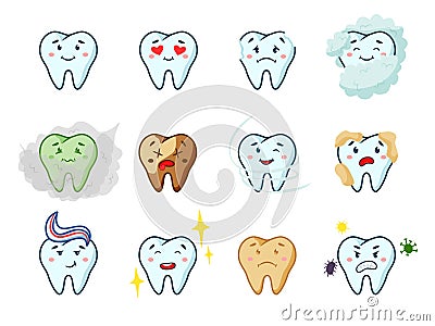 Cute tooth healthy and unhealthy character set Cartoon Illustration