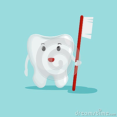 Cute Tooth hold toothbrush. Dental care concept. Flat design illustration. Can be use for banners, websites, etc. Vector Illustration