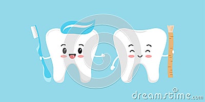 Cute tooth with siwak or miswak and toothbrush paste on head Vector Illustration