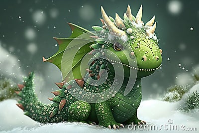 A cute toothy green dragon stands on the snow with its wings spread. Snowing. Stock Photo