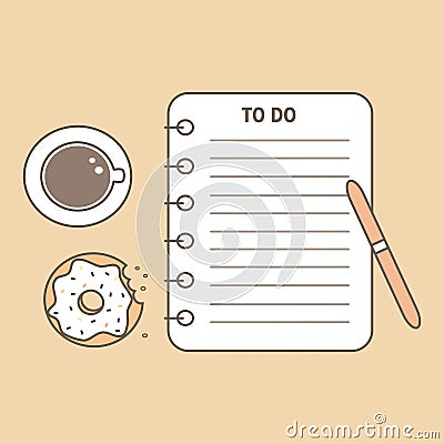 Cute top view vector flat illustration with To Do list notebook with pen, donut and coffee cup Vector Illustration