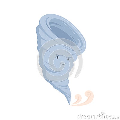 Cute tornado or storm character with frowned and smiling face. Weather icon of evil whirlwind. Funny baby character Vector Illustration