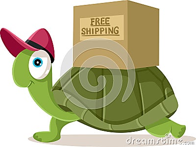 Funny Courier Turtle Free Shipping Concept Vector Cartoon Vector Illustration