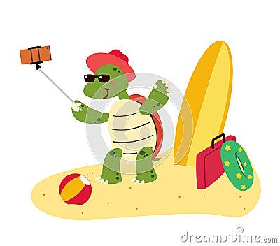 A cute tortoise take a picture on vacation cartoon character isolated flat vector illustration. Hello summertime. Happy vacation o Vector Illustration