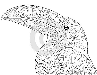 Adult coloring book,page a cute toucan on the brunch image for relaxing.Zen art style illustration Vector Illustration