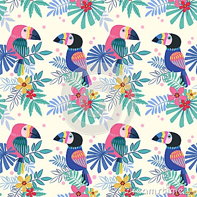 Cute toucans bird with with tropical flowers seamless pattern Vector Illustration