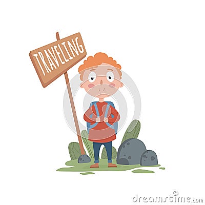 Cute tourist boy traveling concept background, cartoon style Vector Illustration
