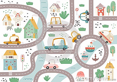 Cute Town Map. Play Mat for Kids. Cityscape with Cartoon Houses, Cars, Buildings School, Bank, Hotel, Cafe and City Road. Vector Vector Illustration
