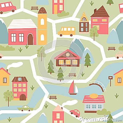 Cute town or village houses, childish seamless pattern, townscape with river and bridge Vector Illustration