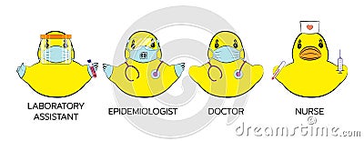 Cute toy ducks in role of different medical workers, in protective masks. Nurse, doctor. Kids design elements. Vector Vector Illustration