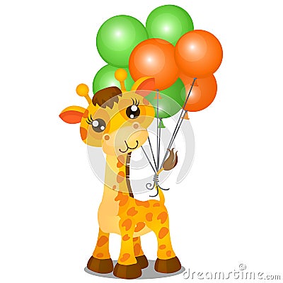 Cute toy giraffe and inflatable colorful balls tied to the tail isolated on white background. Vector cartoon close-up Vector Illustration