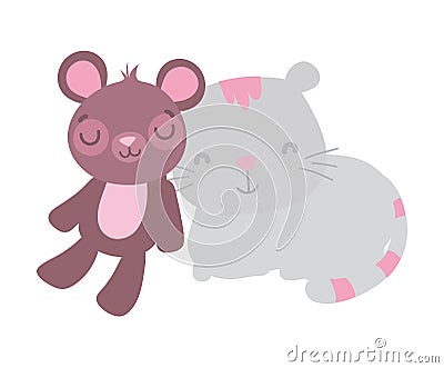 Cute toys kids gray cat and teddy bear Vector Illustration