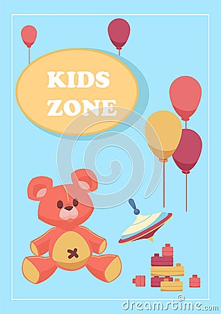Cute toys. Kids zone banner. Playthings for children. Colorful balloons and plush animals, construction blocks Vector Illustration