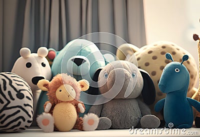 Cute toys on table in room. Children's room interior design Stock Photo