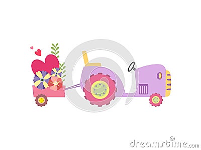 Cute Tractor with Cart Full of Flowers, Colorful Agricultural Farm Transport Vector Illustration Vector Illustration