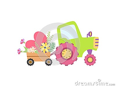 Cute Tractor with Hearts and Spring or Summer Flowers, Colorful Agricultural Farm Transport with Cart Vector Vector Illustration