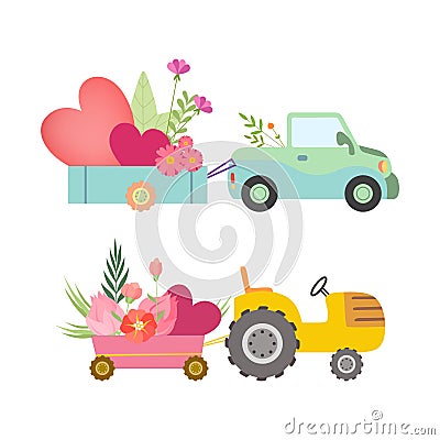 Cute Tractor and Van with Cart Full of Flowers and Hearts Vector Set Vector Illustration