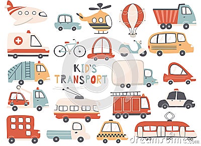 Cute transport set, cartoon cars icons, hand drawn vector illustration Vector Illustration