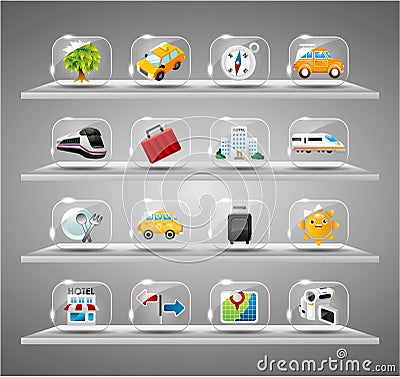 Cute travel icons collection,Transparent glass but Vector Illustration