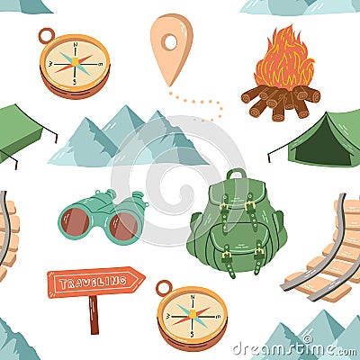 Cute travel seamless pattern. Tourism and camping adventure drawing. Ð¡lipart with travelling elements, mountains, campfire, Vector Illustration