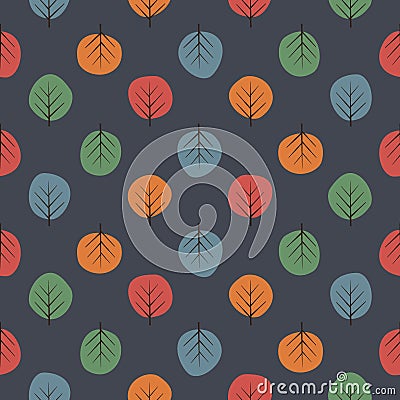 Cute trees seamless pattern. Dark nature background with bright leaves. Vector Illustration