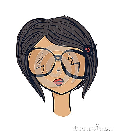 Cute trendy brown-haired in sunglasses. Avatar fashion girls. Vector Cartoon Illustration