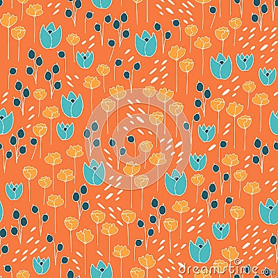 Cute and trendy floral vector pattern with tulips, poppy flowers and berries Vector Illustration