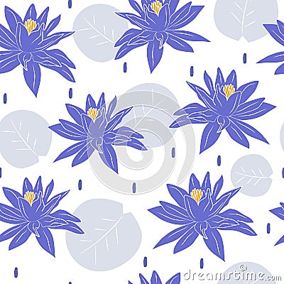 Cute colorful trendy seamless vector pattern illustration with beautiful very peri lotus leaves and flowers on white background Vector Illustration