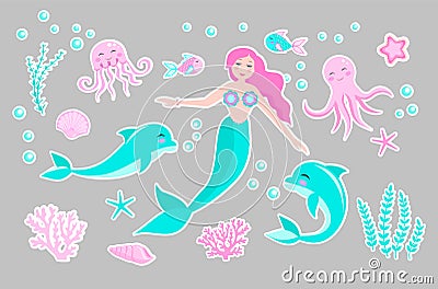 Cute trendy set of stickers emoji, patches badges. mermaid princess and dolphin, octopus, fish, jellyfish, coral. underwater world Stock Photo