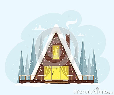 A cute triangular house among the forest decorated with lights. Festive and cozy atmosphere. Vector illustration in flat style. Me Vector Illustration