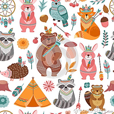 Cute tribal animal texture. Bright animals, woodland indian fox with arrow. Child ethnic textile print, fun forest Vector Illustration