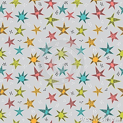 Cute tribal seamless pattern with hand drawn stars for kids. Texture for fabric or wrapping paper. Trendy background in scandinavi Vector Illustration