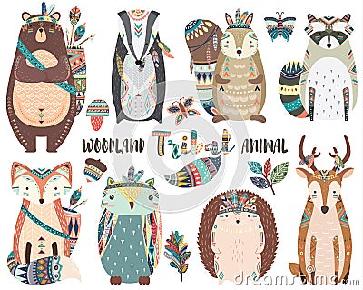 Cute Tribal Woodland Animal Elements Vector Illustration