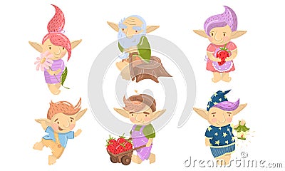 Cute Troll Characters Vector Set. Funny Creatures With Colored Hair Collection Vector Illustration