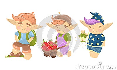 Cute Troll Pulling Trolley with Strawberry and Walking with Backpack Vector Set Vector Illustration