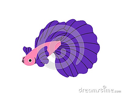 Cute tropical fish with beautiful big tail. Exotic little small water animal, betta with gorgeous flowing fins. Marine Vector Illustration