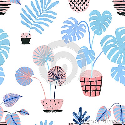 Watercolor potted houseplants background in scandinavian geometric style Cartoon Illustration