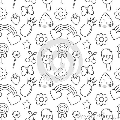 Cute tropical summer seamless vector pattern background illustration with butterflies, flowers, fresh fruits, rainbows, lollipop, Vector Illustration