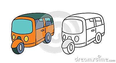 Cute tuk tuk vehicle illustrations, coloring page for kids, coloring book set Vector Illustration