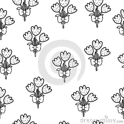 Cute tulips black and white seamless pattern. Springtime background Vector Illustration